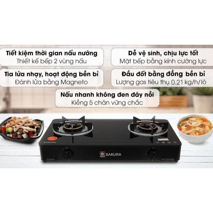 Bếp gas đôi Sakura SA-2375GB - Chính hãng trưng bày+Tặng dây gas- Kính cường lực -Đầu đốt tiết kiệm gas