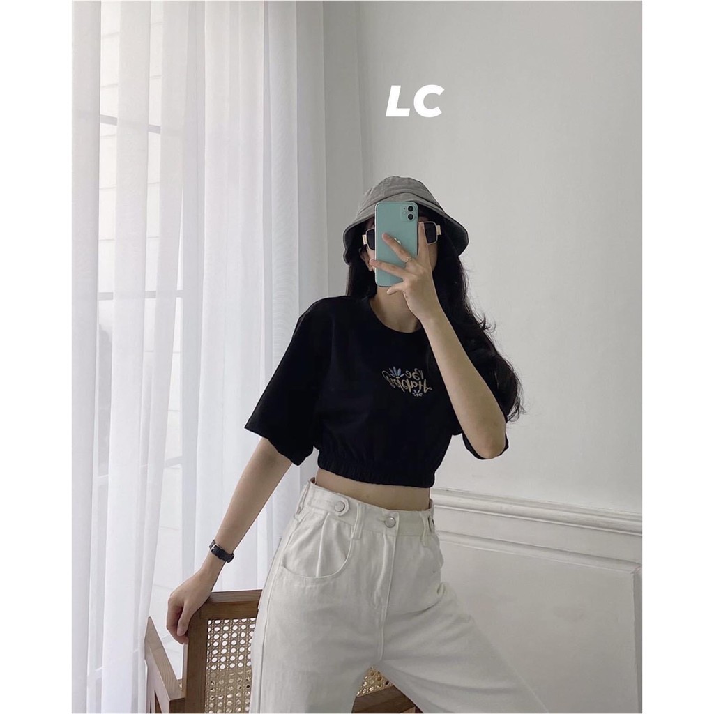 Áo Thun Croptop Cộc Tay Bo Chun Be Happy 🎁 Nana's House - FREESHIP 🎁 Phông cổ tròn dáng ôm màu đen basic style Ulzzang