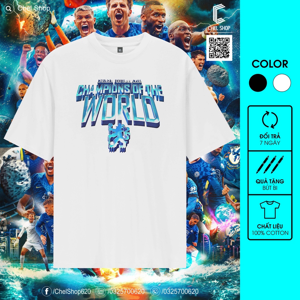 Áo thun cao cấp 100% cotton Chelsea Champions Of The World 2022