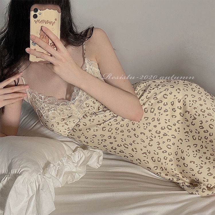 Đồ ngủ Chiffon Phối Ren Họa Tiết Da Báo Màu Hồng Quyến Rũ Cho Nữ