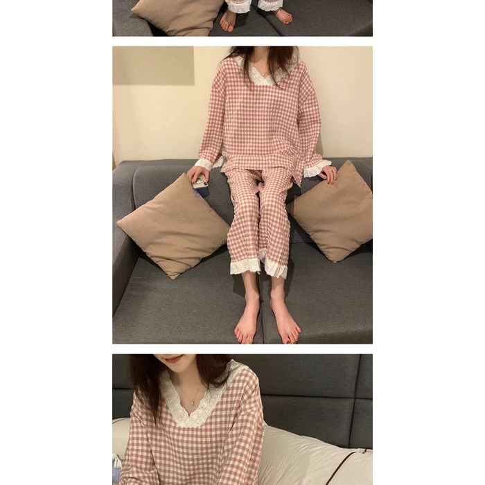 Bộ Đồ Ngủ Tay Dài Dáng Rộng Phối Ren Hoa Văn Kẻ Ô Plus Size Thời Trang Mùa Thu 2022