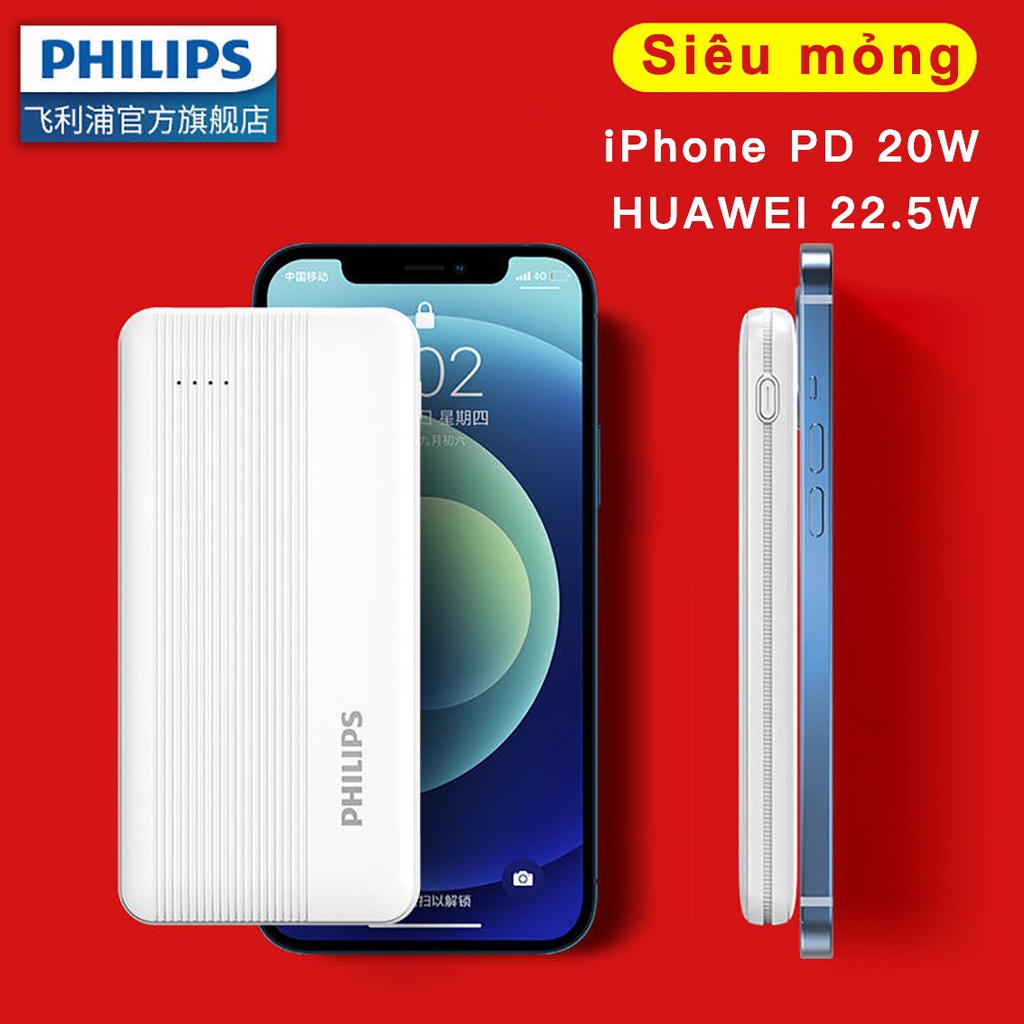 Sạc Dự Phòng Philips iPhone PD 20W DLP2005W 20000mAh DLP2004W 10000mAh PowerCore Slim Sạc Nhanh,2 Cổng Đầu Ra PD Max 20W