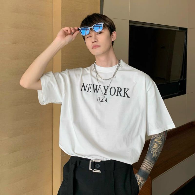 Áo thun tay lỡ unisex trắng đen nam nữ unisex in chữ NEW YORK