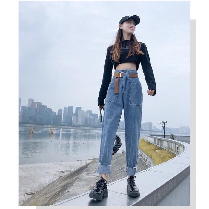 Quần jean nữ ống đứng cạp cao túi trước phối dây đai kiểu dáng thời trang Hàn Quốc | WebRaoVat - webraovat.net.vn