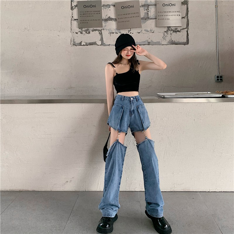 Quần jeans cạp cao 2 mảnh nối xích cá tính