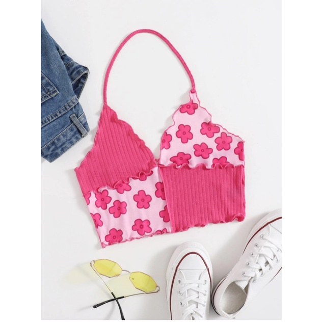 Áo croptop dây buộc qua cổ họa tiết đáng yêu