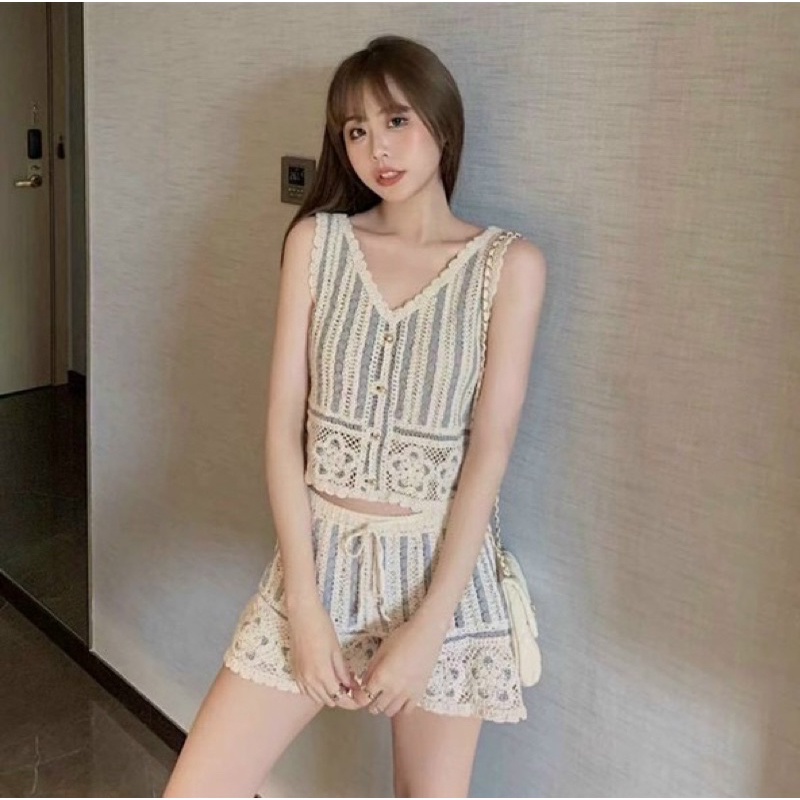 Set ren hoa len đan móc ba lỗ đi biển du lịch