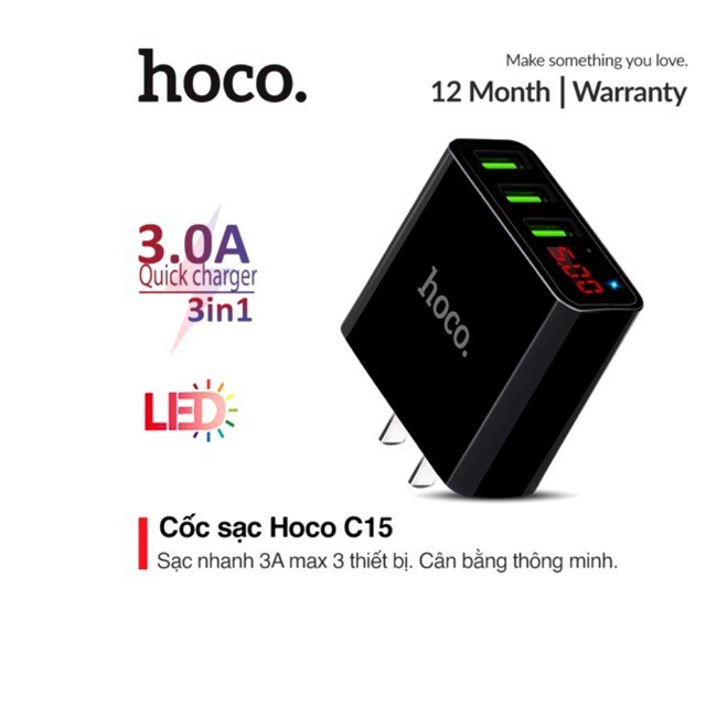 Củ sạc nhanh 3A Hoco C15 màn hình Led báo sạc , hỗ trợ sạc 3 thiết bị cùng lúc tương thích với mọi thiết bị