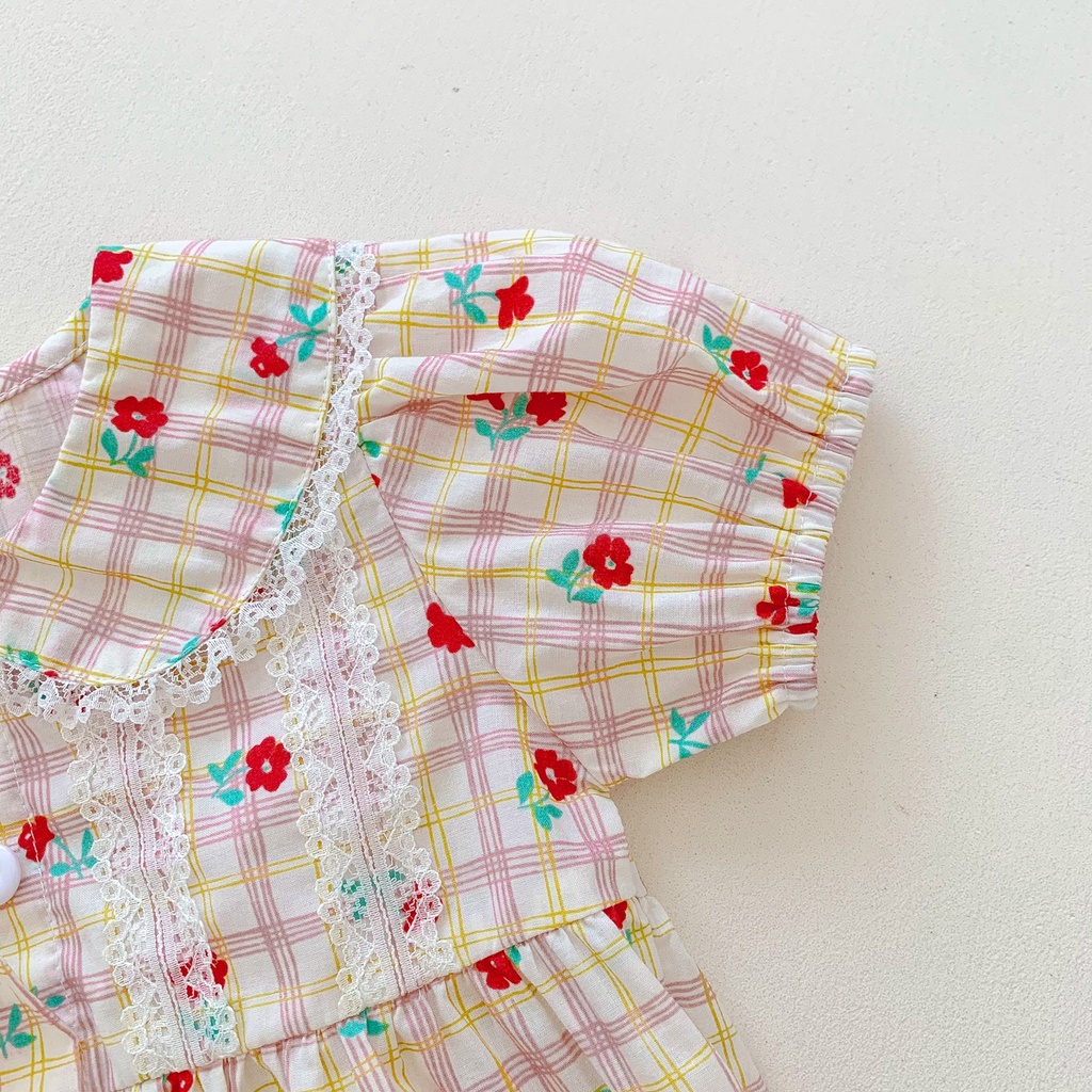 Bộ Áo Liền Quần Ngắn Tay Phối Ren In Hoa Thời Trang Mùa Hè Cho Bé Gái Sơ Sinh