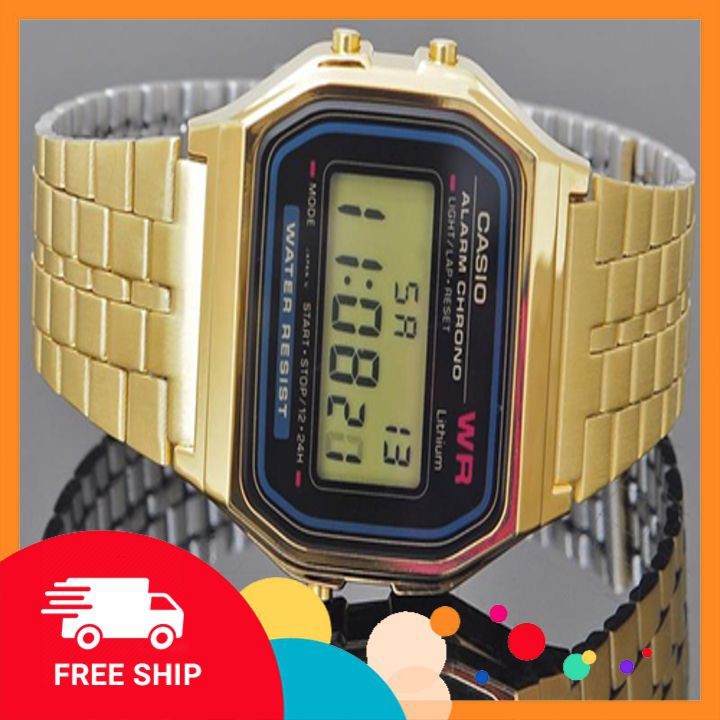 Đồng hồ Nữ Casio A159WGEA-1DF 🔥 𝓢𝓲ê𝓾 𝓗𝓸𝓽 🔥 Cam Kết Hàng Chính Hãng -  Mặt viền đen xanh - Dây kim loại mạ vàng