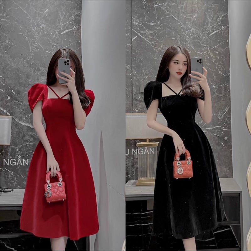 Váy nhung tay bồng dây chéo cổ dáng dài_Tiệm của Ả