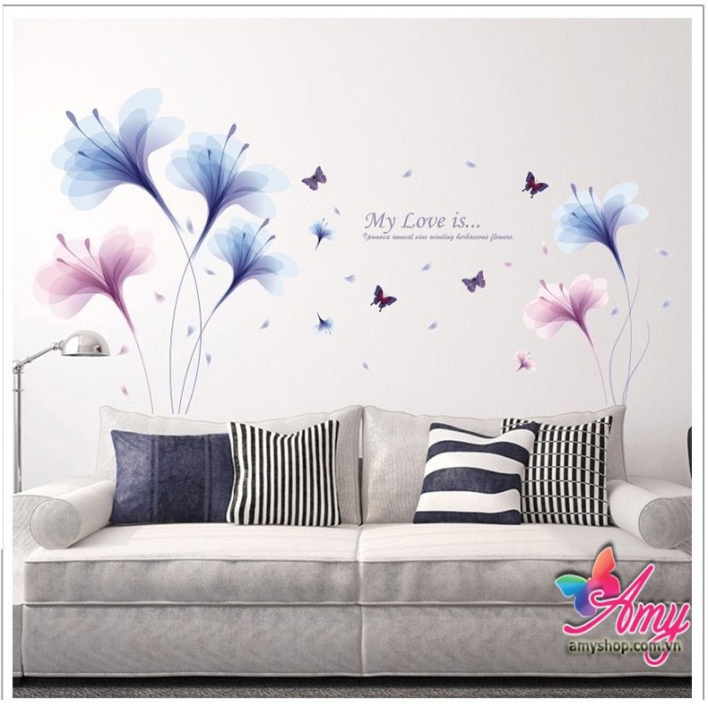 decal dán tường hoa pha lê mỏng xanh tím