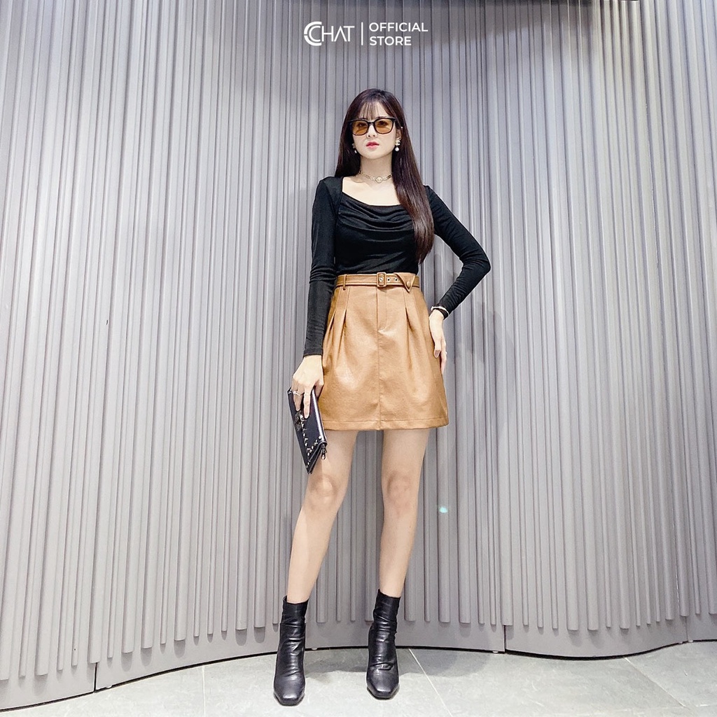 Chân Váy 𝐂𝐂𝐇𝐀𝐓 Cạp Liền Xếp Ly Chất Da Cao Cấp Phong Cách Trẻ Trung 22CNA2003AT