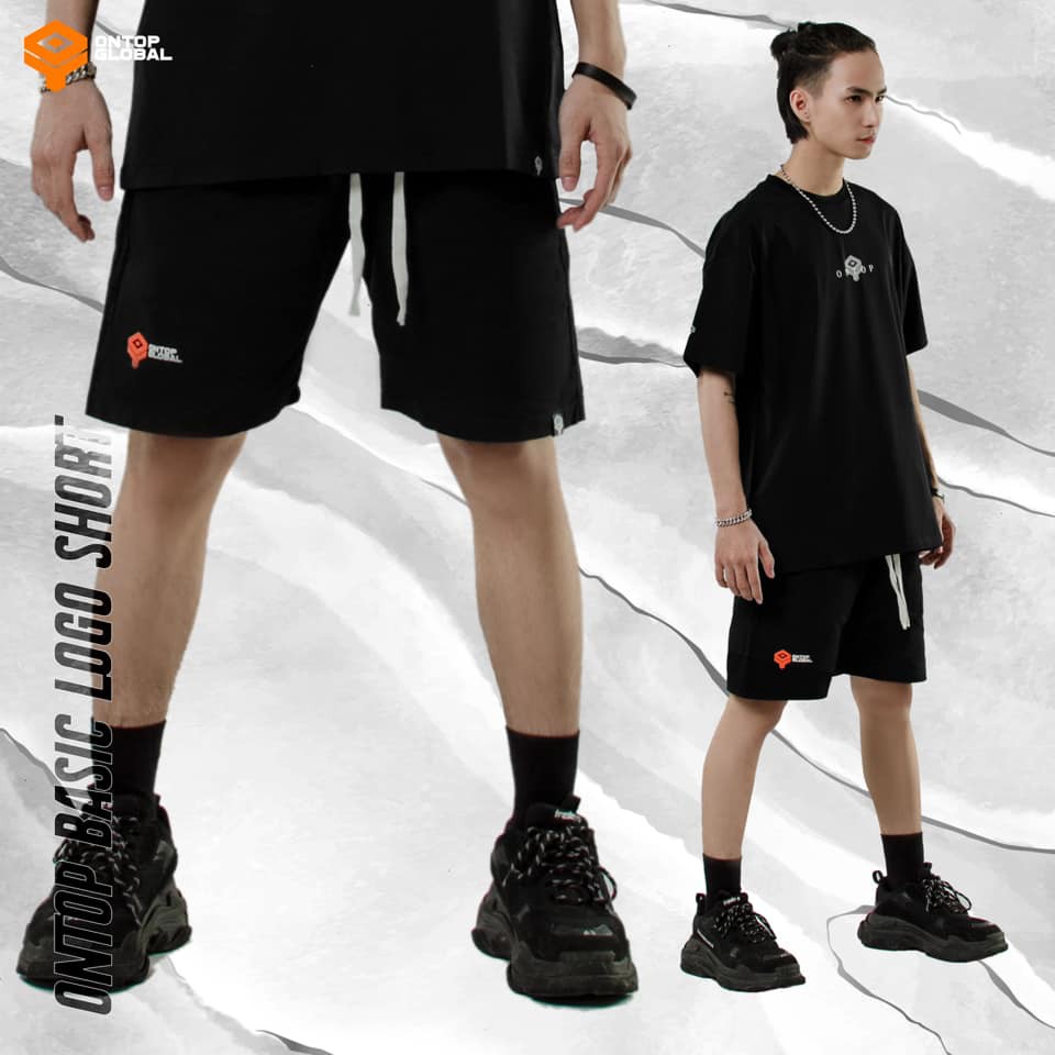 Quần short nam kaki lưng thun màu đen Basic Logo local brand ONTOP | O18-Q5