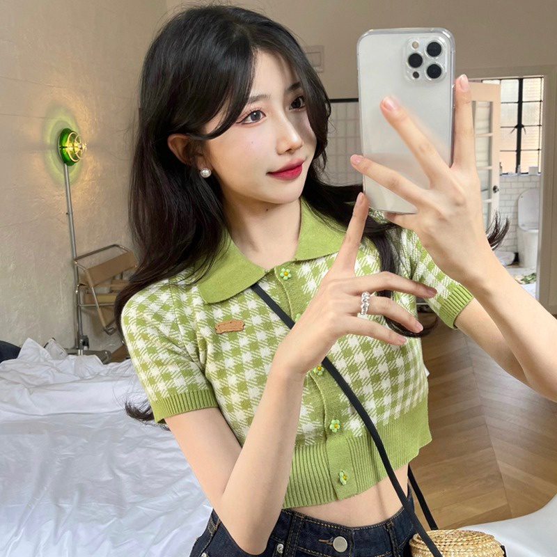 Áo Croptop Dệt Kim Tay Ngắn Phong Cách Hàn Quốc Thời Trang Mùa Hè Xinh Xắn Cho Nữ