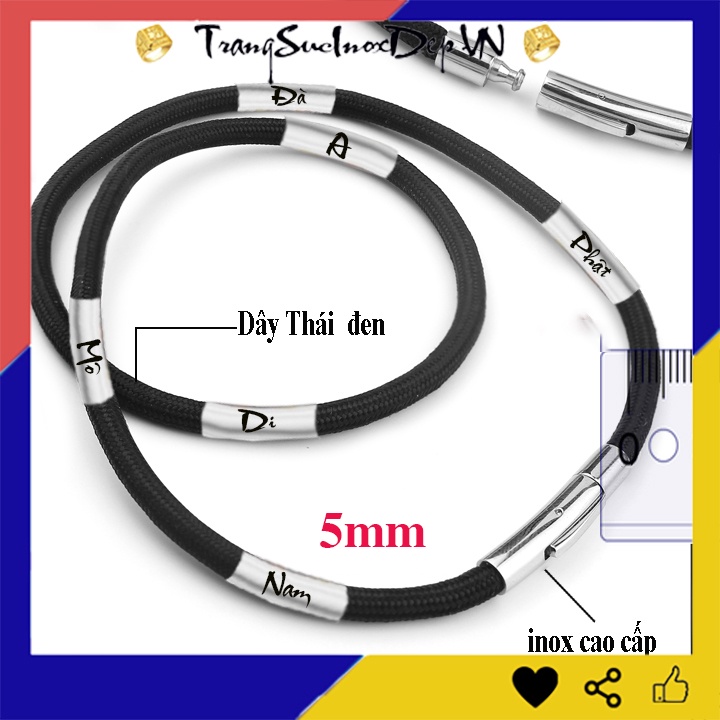 Dây chuyền dù thái 5ly bọc khoen inox khắc chữ Nam Mô A Di Đà Phật đem lại bình an may mắn cho người đeo