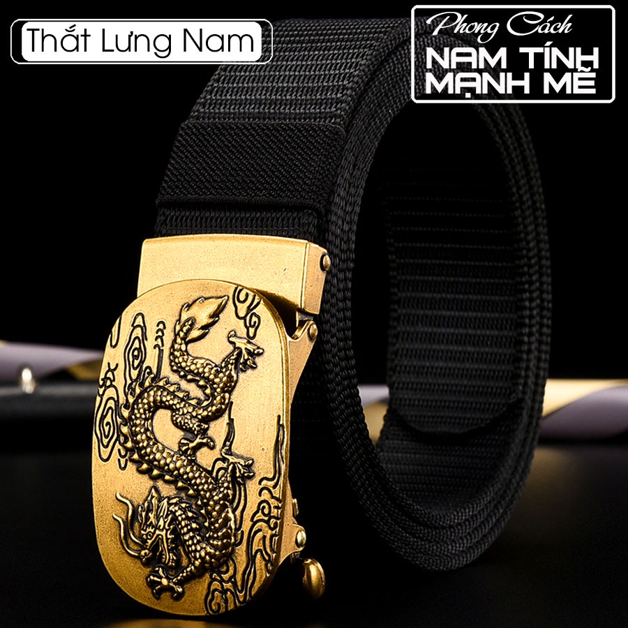 Thắt lưng nam vải dù chỉnh dây tự động khóa kim loại mạ vàng hình rồng-bầy sói-chim ó-dây 115 cm bền đẹp