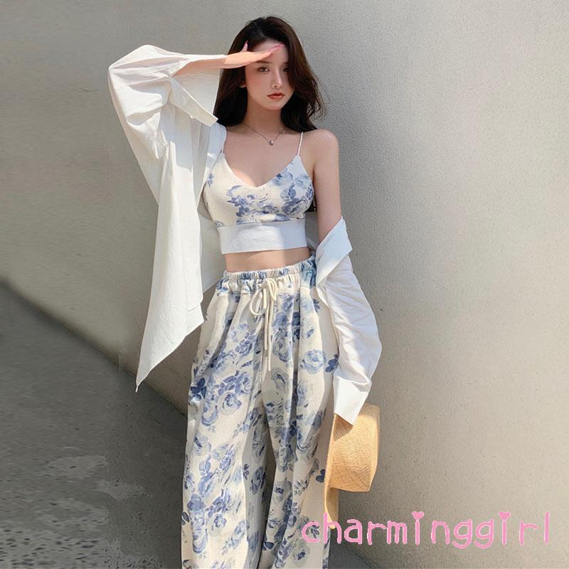 Set Áo Hai Dây Cổ Chữ V In Hoa + Quần Dài Lưng Thun Thời Trang Nữ