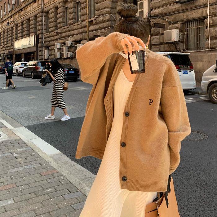 Áo Khoác Cardigan Dệt Kim Tay Dài Dáng Rộng Thêu Chữ Thời Trang Thu Đông Phong Cách Mới
