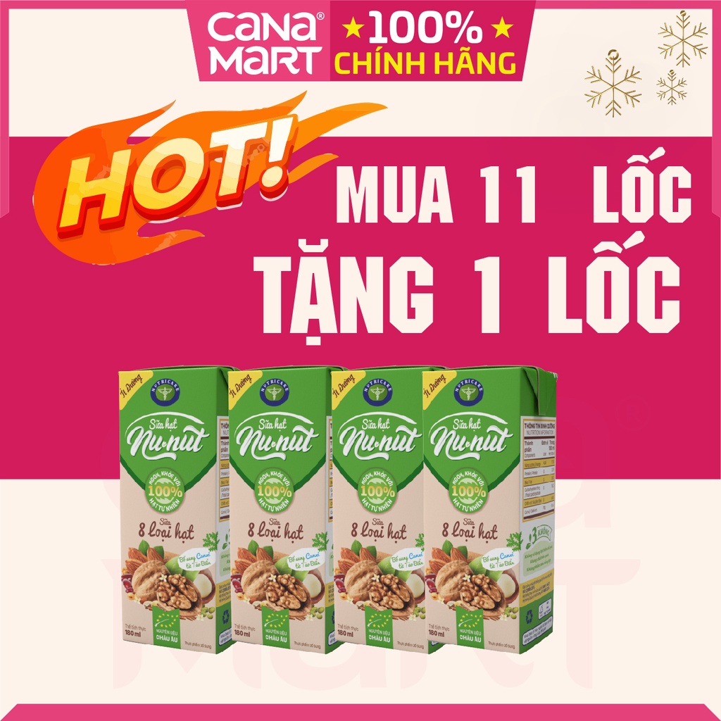 Thùng sữa nước Nunut 8 loại hạt ít đường giúp giải toả mệt mỏi bổ sung dinh dưỡng (48 hộp x 180m)