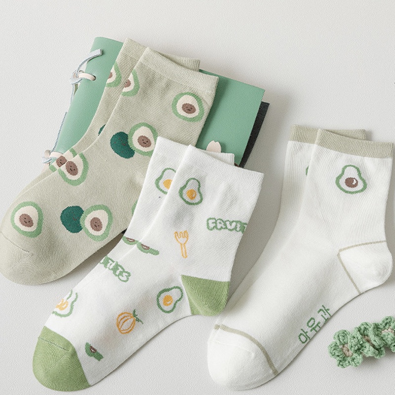 Tất vớ nữ cổ cao trắng họa tiết trái bơ xinh xắn dễ thương chất cotton co giãn phong cách Nhật Hàn mùa hè ABICA TD043