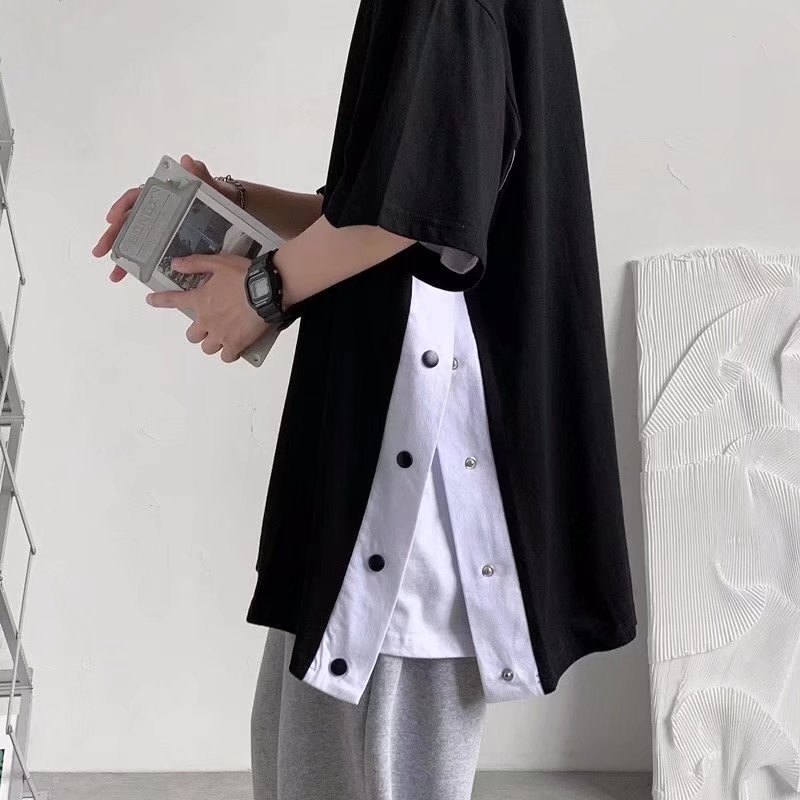 Áo Thun Tay Lỡ Xẻ Tà Cúc Bấm Form Rộng Unisex Phong Cách Hàn Quốc,Áo Phông Trơn Cộc Tay Nam Nữ Cotton 4 Chiều Mát Mẻ
