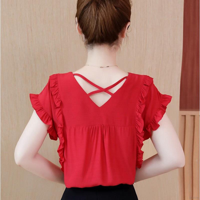 Áo kiểu cổ V ngắn tay viền xếp li thanh lịch cho nữ | BigBuy360 - bigbuy360.vn