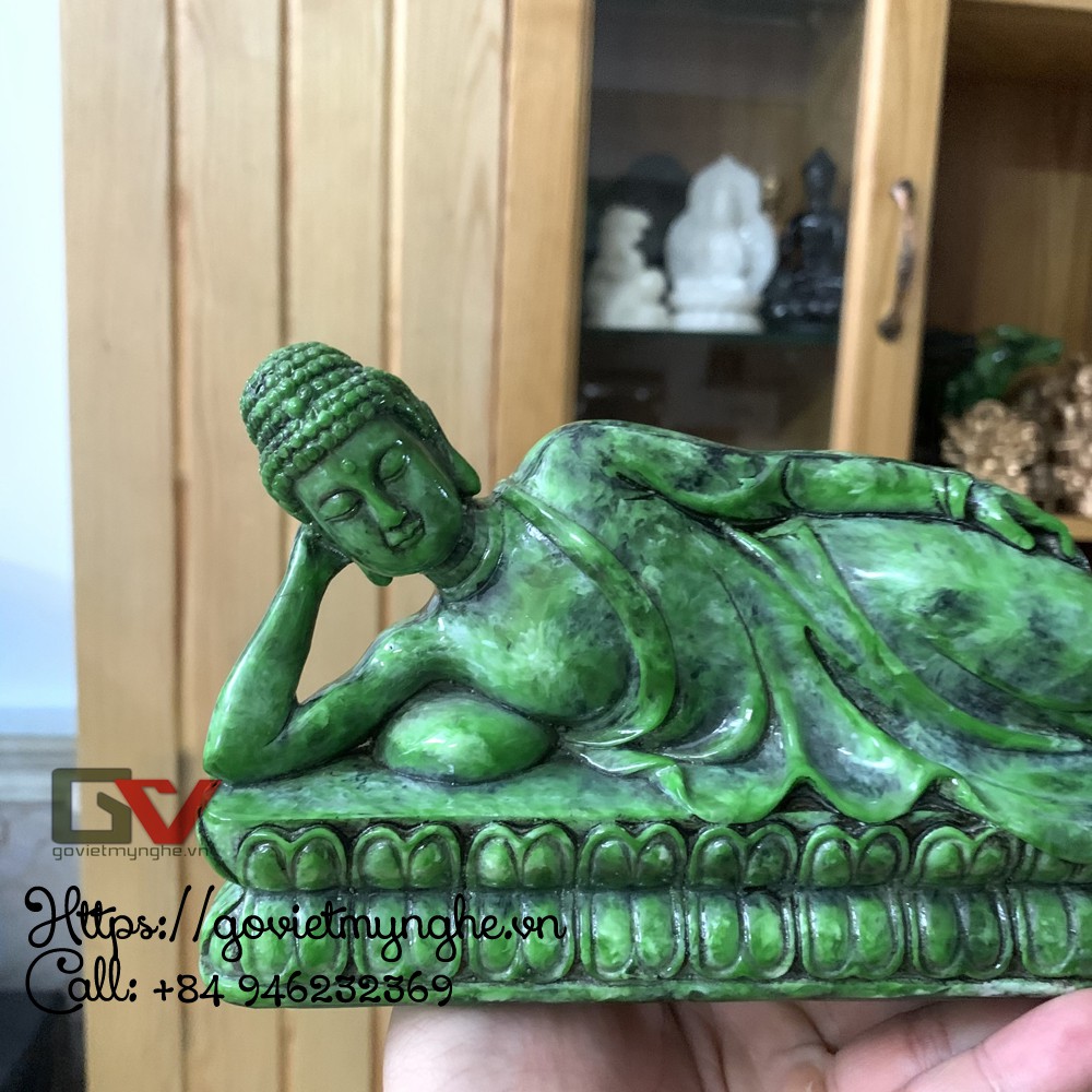 Tượng đá trang trí Đức Phật Thích Ca nhập niết bàn - Tượng đá Phật Thích Ca nằm - Màu xanh lục bích - Dài 23cm