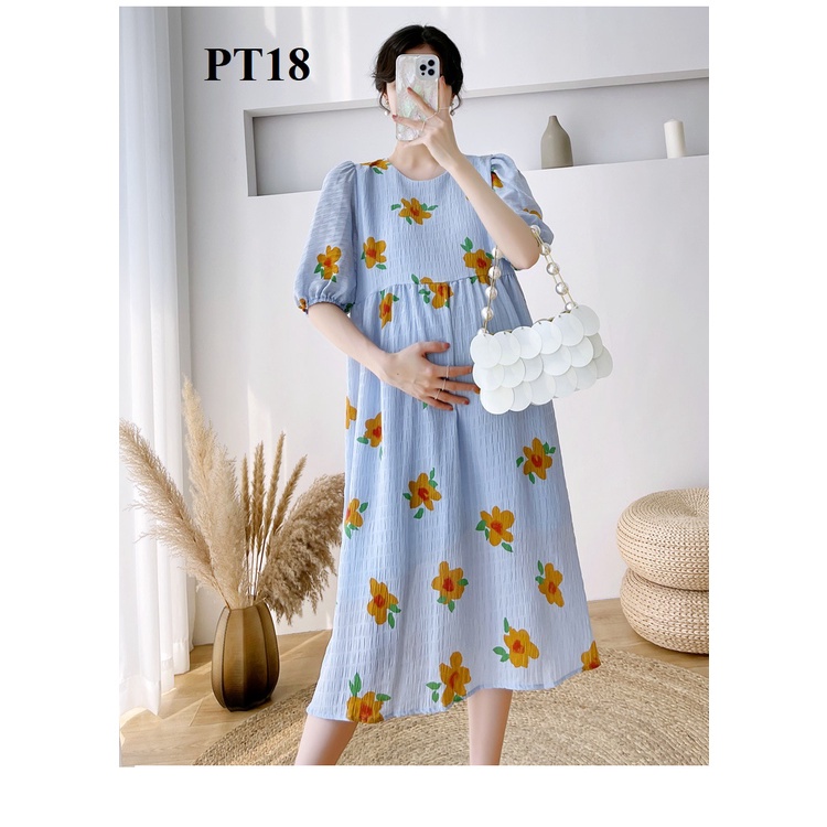 Đầm bầu voan gân hoa 2 màu kem và xanh