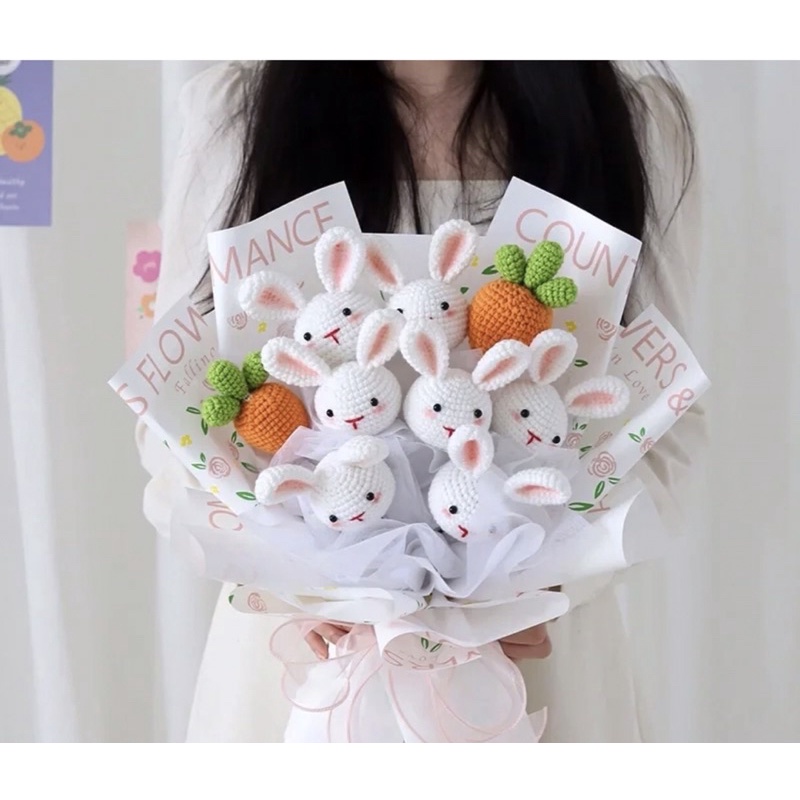 Bó hoa len handmade-Đầu thú bông