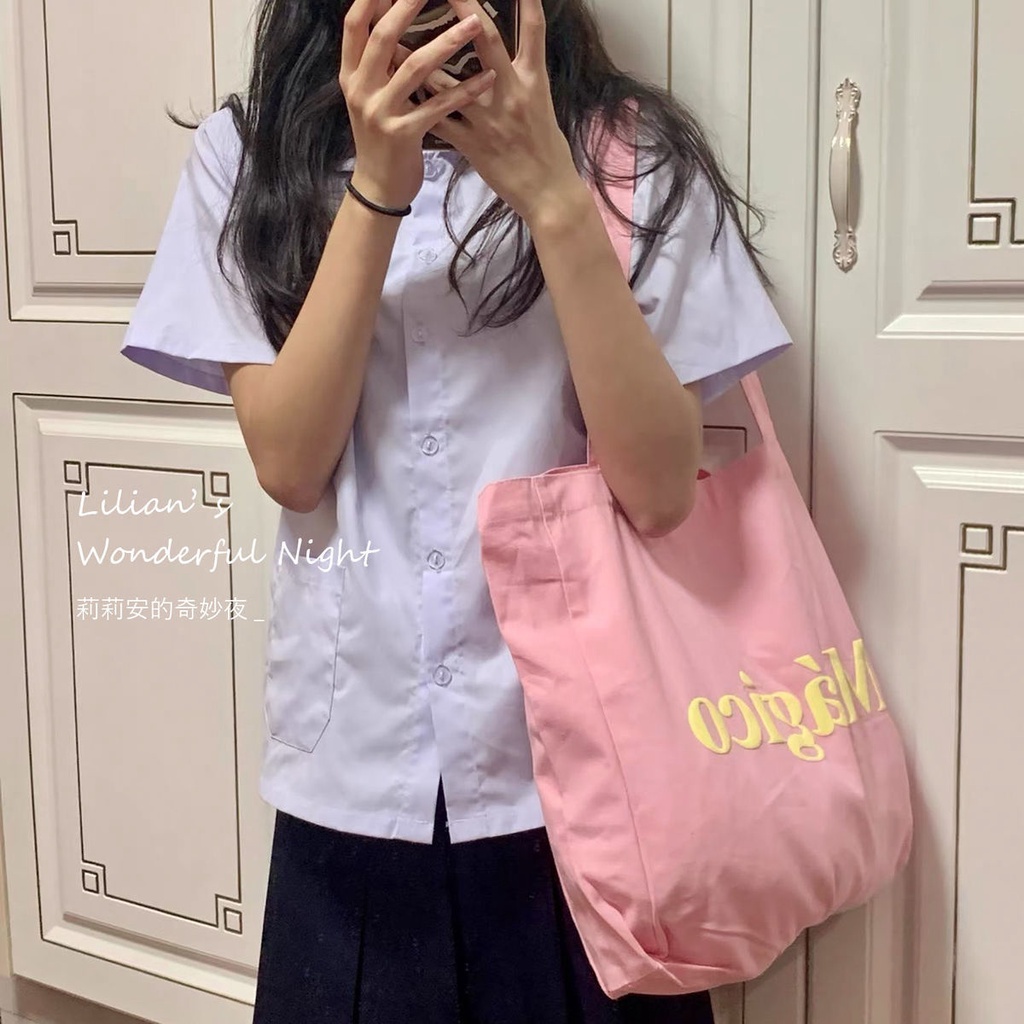 Túi Tote Vải Bố Màu Hồng Dung Tích Lớn In Chữ