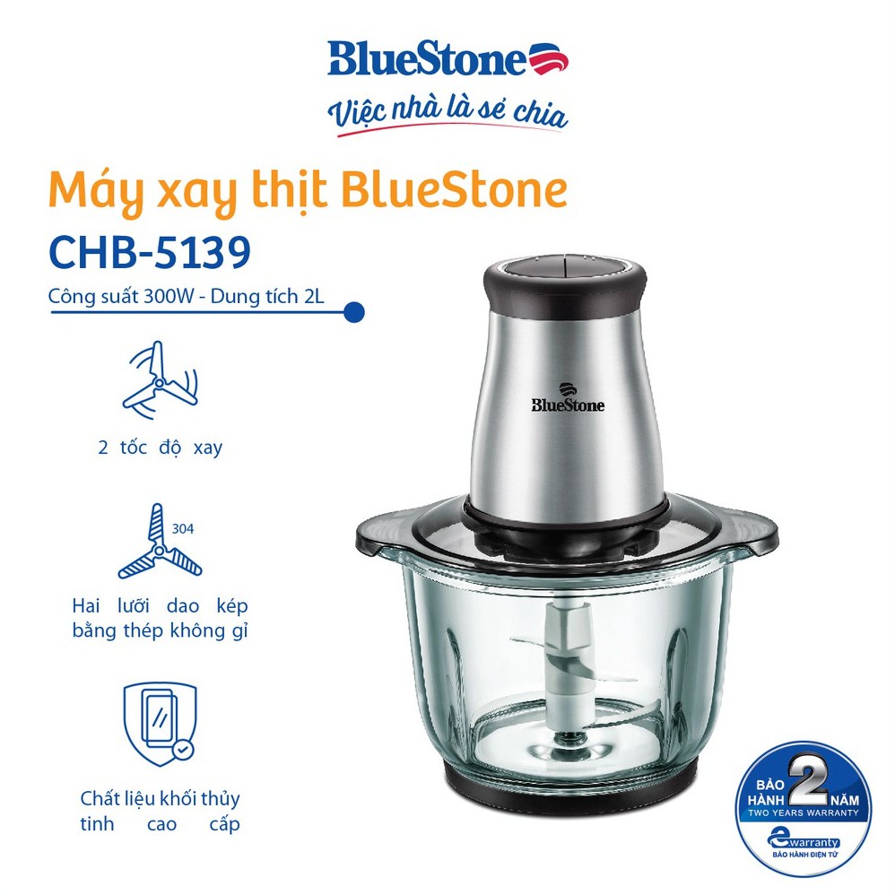 Máy Xay Thịt Bluestone CHB-5139, Cối Thủy Tinh 2.0L - Xay Thịt Làm Ruốc, Bảo Hành Chính Hãng 2 Năm