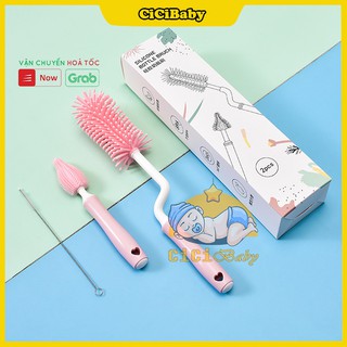 👑Tiệt Trùng Được👑 Cọ bình sữa Silicon cao cấp gồm 3 chi tiết có tay cầm xoay 360 độ dùng cho mọi loại bình