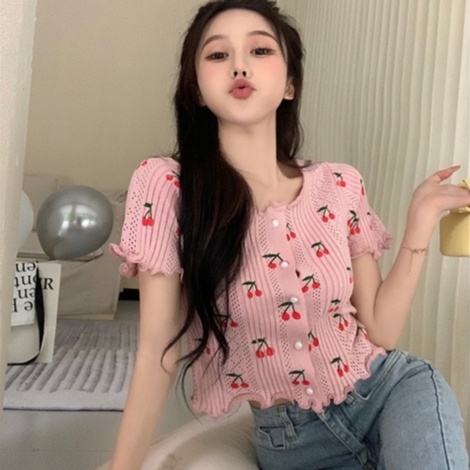 Áo cardigan ZHELIHANGFEI dệt kim tay ngắn thêu hình quả cherry dễ thương