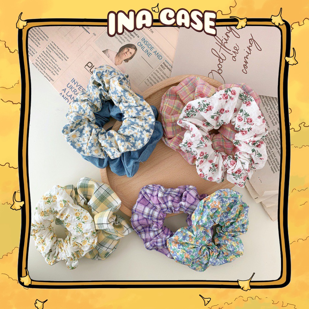 Cột Tóc Vải Scrunchies Họa Tiết Kẻ Và Hoa, Dây Buộc Tóc Scrunchies Sắc màu