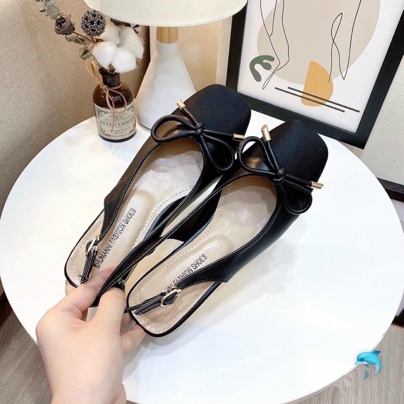 giày guốc nữ tiểu thư dáng bít mũi phối nơ chuông gót 3p điệu đà