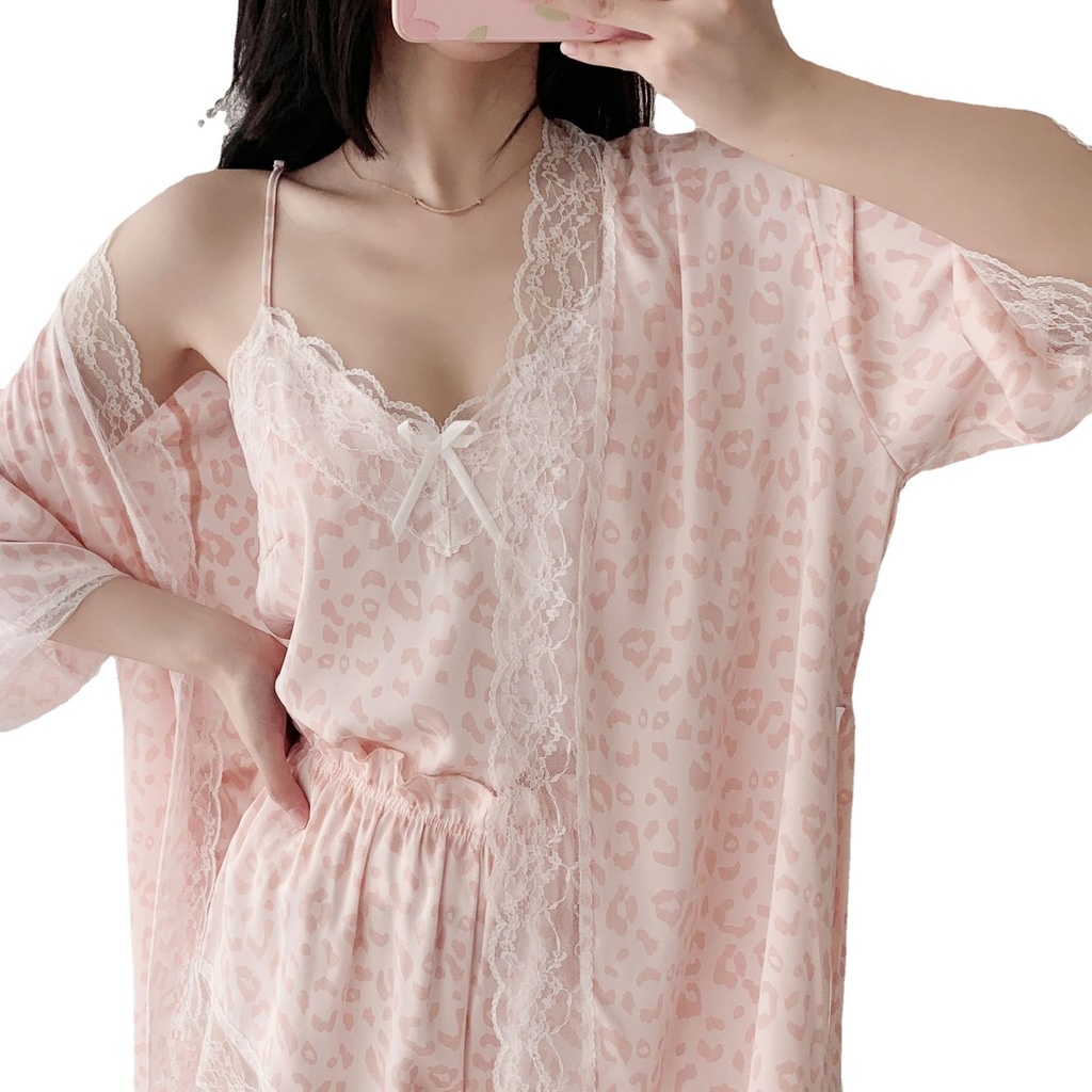 Bộ Đồ Ngủ 3 Món Bằng Lụa Satin Viền Ren Gợi Cảm Cho Nữ