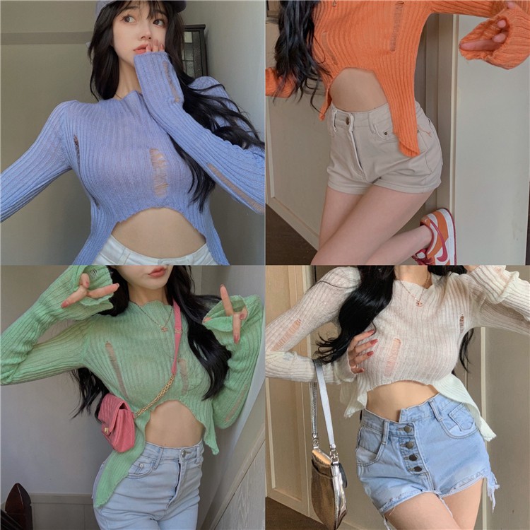 [ Mã 12FASHIONSALE1 giảm 10K đơn 50K ] Áo Croptop Dệt Kim Tay Dài Chống Nắng Thiết Kế Thời Trang Cho Nữ