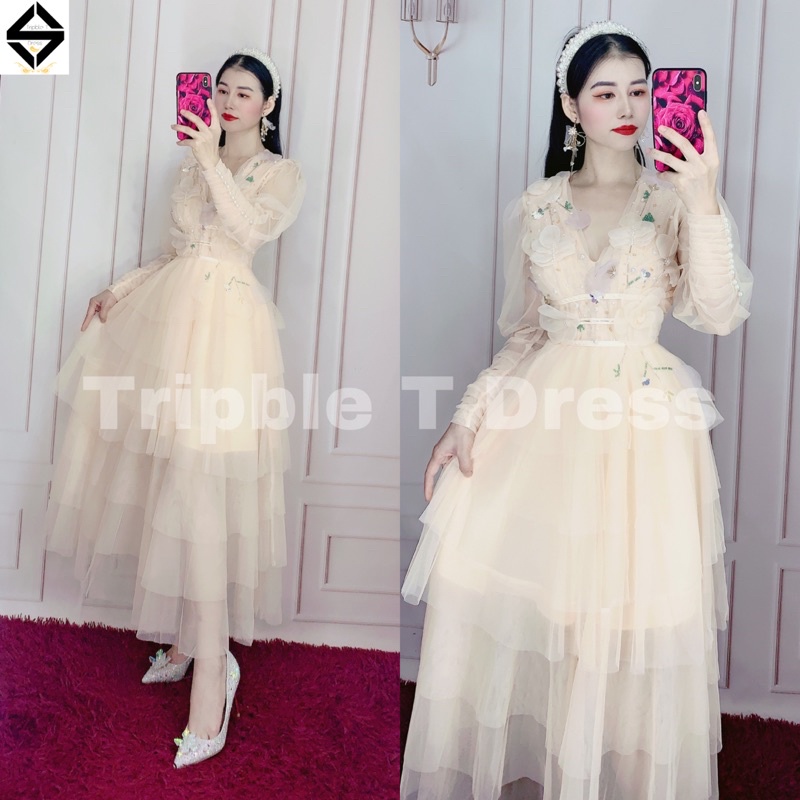 Đầm xoè tay dài lưới tầng xếp kết hoa nổi TIPBLE T DRESS -MS27V-Size S/M/L/XL đến 64kg