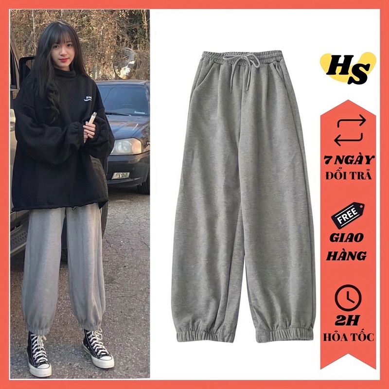 Quần jogger nữ ống rộng Hus cạp chun vải da cá chất dày dặn mặc ấm có dây thắt phong cách hiện đại JG02