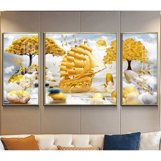 Tranh Tráng Gương Cao Cấp - Tranh Treo Tường Phòng Khách Phong Cảnh Và Thuyền Vàng (Bộ 3 tấm)