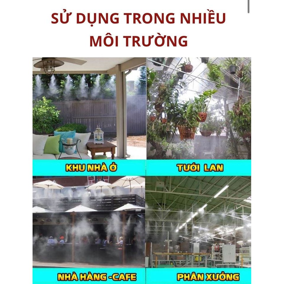 Bộ máy phun sương làm mát,tưới lan béc đồng kèm đổi nguồn điện đầy đủ phụ kiện 4 - 5 - 8 -10 béc đồng