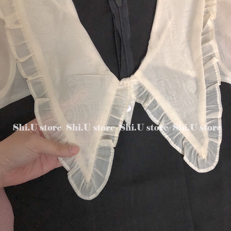 Váy đen dài tay cổ bèo dáng ngắn đầm cổ nhọn phối voan tơ mềm mại siêu xinh ulzzang