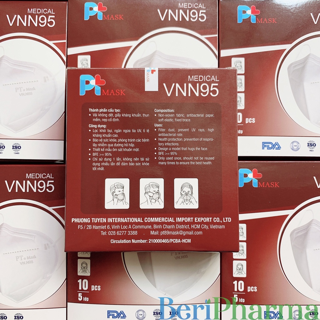 ✅[CHÍNH HÃNG] PT Mask VNN95 Khẩu trang Không Van Thở 5 Lớp