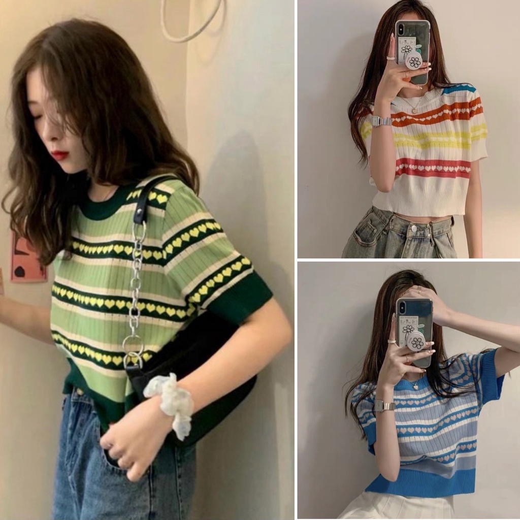 Áo croptop len dệt kim họa tiết trái tim