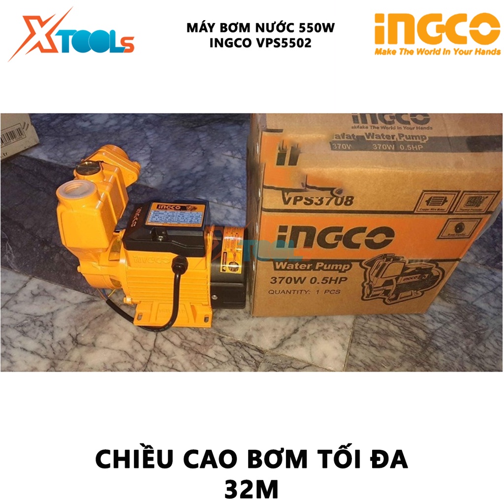 Máy bơm nước INGCO VPS3708 | máy bơm tăng áp 370W (0.5HP), chiều cao bơm 32m, mô tơ dây đồng, độ hút sâu 8m tăng áp lực