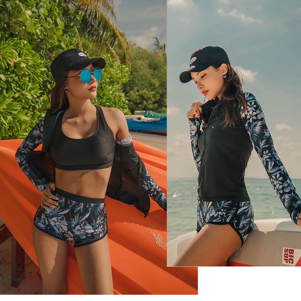 Bộ đồ bơi nữ dài tay kéo khóa thể thao phong cách Hàn