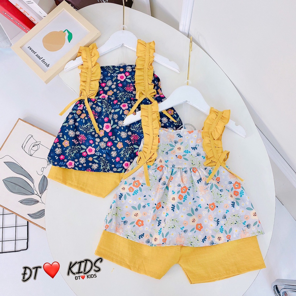 Đồ bộ bé gái size 8 đến 18 kg quần áo họa tiết hoa nhí viền QATE677, Bộ 2 dây bèo vai hoa nhí kèm quần thô cho bé