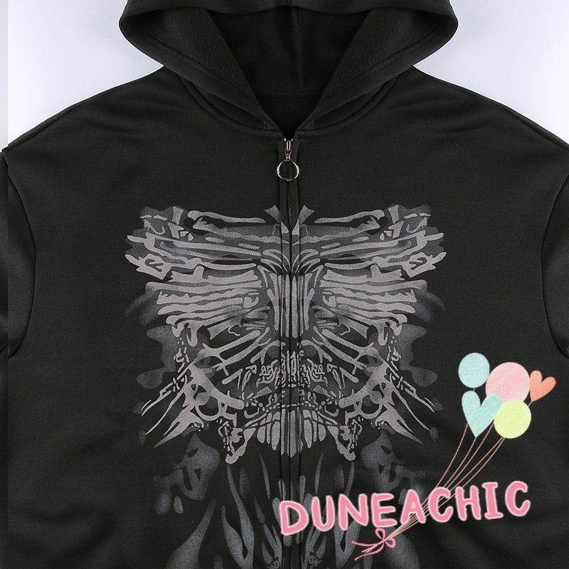 DUNEA Áo Hoodie Tay Dài Dáng Rộng Có Khóa Kéo In Họa Tiết Nghệ Thuật Phong Cách Đường Phố Cho Nữ