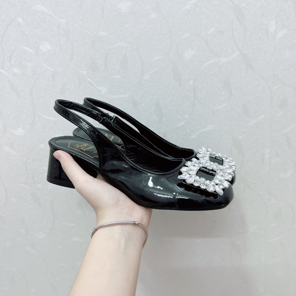 Giày sục cao gót nữ 3 phân guốc nữ mũi vuông gắn đá da mềm sang chảnh QM06